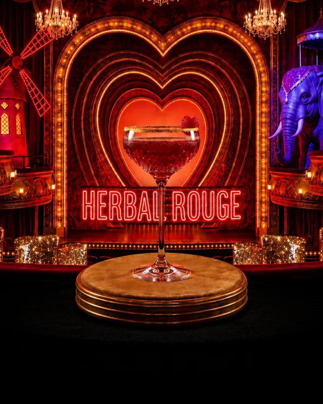 A ruby-red cocktail on a golden stage, framed by glowing hearts, velvet curtains and chandeliers.